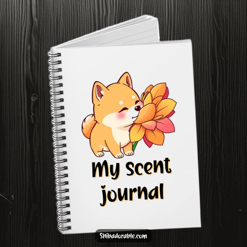 Funny Shiba Inu Notebook: A Shiba Inu with alert ears curiously sniffs a huge flower, perfect for note-taking.
