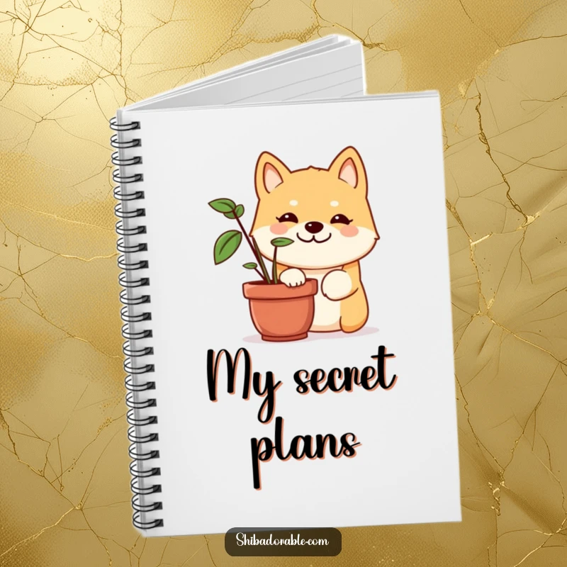 Funny Shiba Inu notebook featuring a dog with a mischievous grin peeking from behind a potted plant, perfect for jotting down fun ideas.