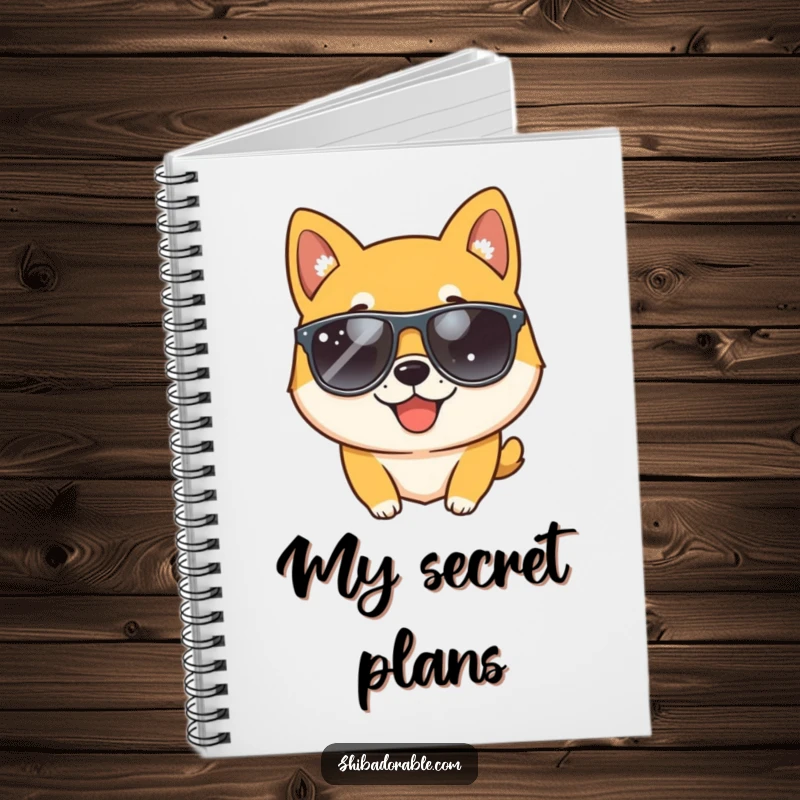 Funny Shiba Inu dog wearing sunglasses and winking, featured on the cover of a notebook for cool and inspired note-taking.