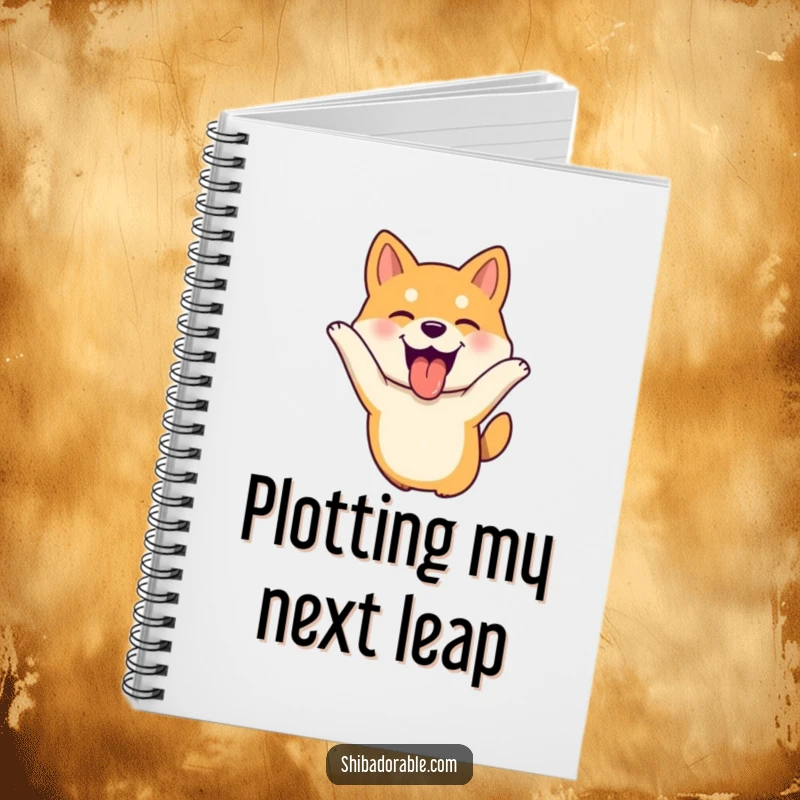 Funny Shiba Inu dog leaping with tongue out, ears flopping joyfully, a cute and humorous journal for notes.