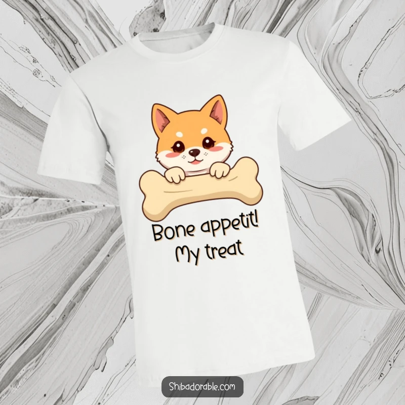 Funny Shiba Inu t-shirt with a floppy-eared dog peeking comically over a huge bone, showcasing a mischievous dog.