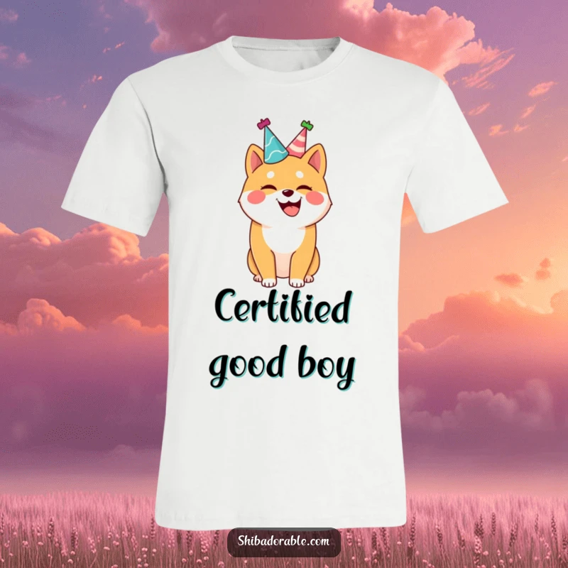 Funny Shiba Inu T-shirt with a festive party hat, wagging its tail with pure joy, a hilarious and cute gift.