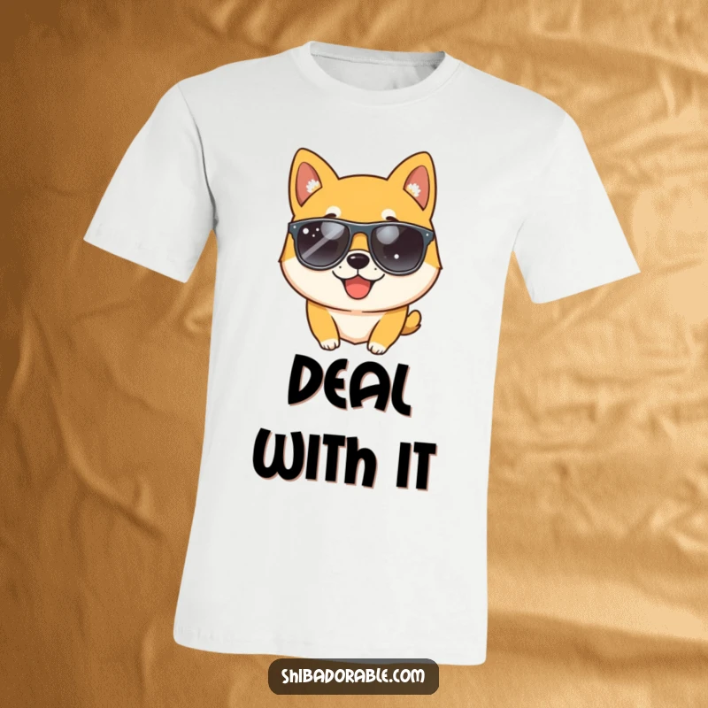 Funny Shiba Inu dog sporting sunglasses and giving a playful wink, showcased on a comfortable t-shirt for a cool look.