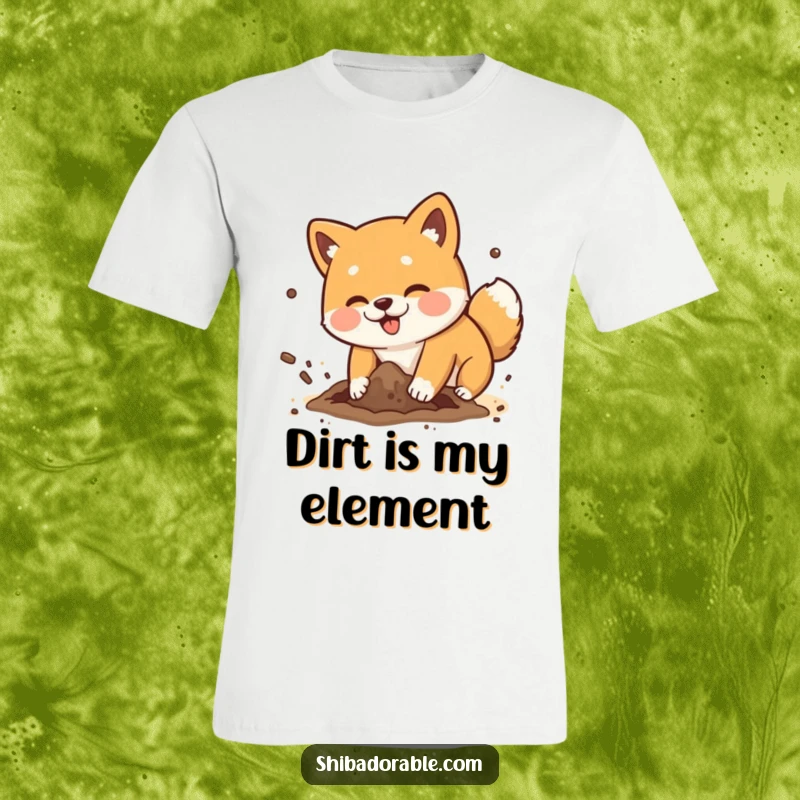 Funny Shiba Inu dog playfully digging a hole with dirt flying comically, a hilarious graphic tee.