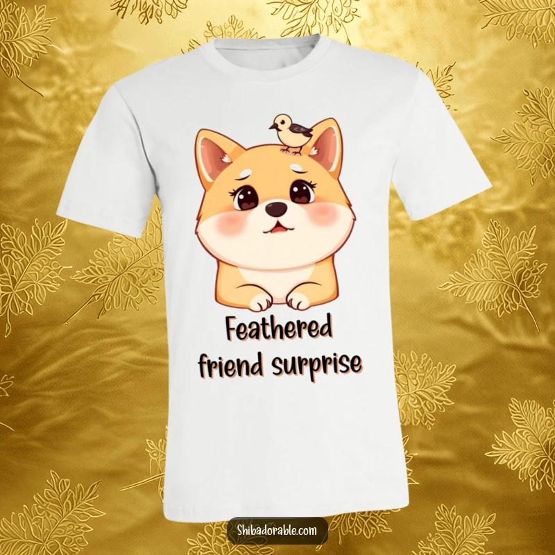 Funny t-shirt showcasing a Shiba Inu's comically surprised face as a tiny bird lands right on its head, a moment of pure canine astonishment.