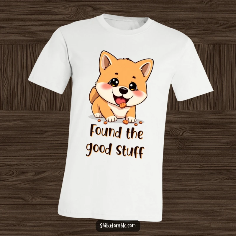 Funny t-shirt showcasing a Shiba Inu with comically wide eyes, looking incredibly delighted upon discovering a hidden treat.