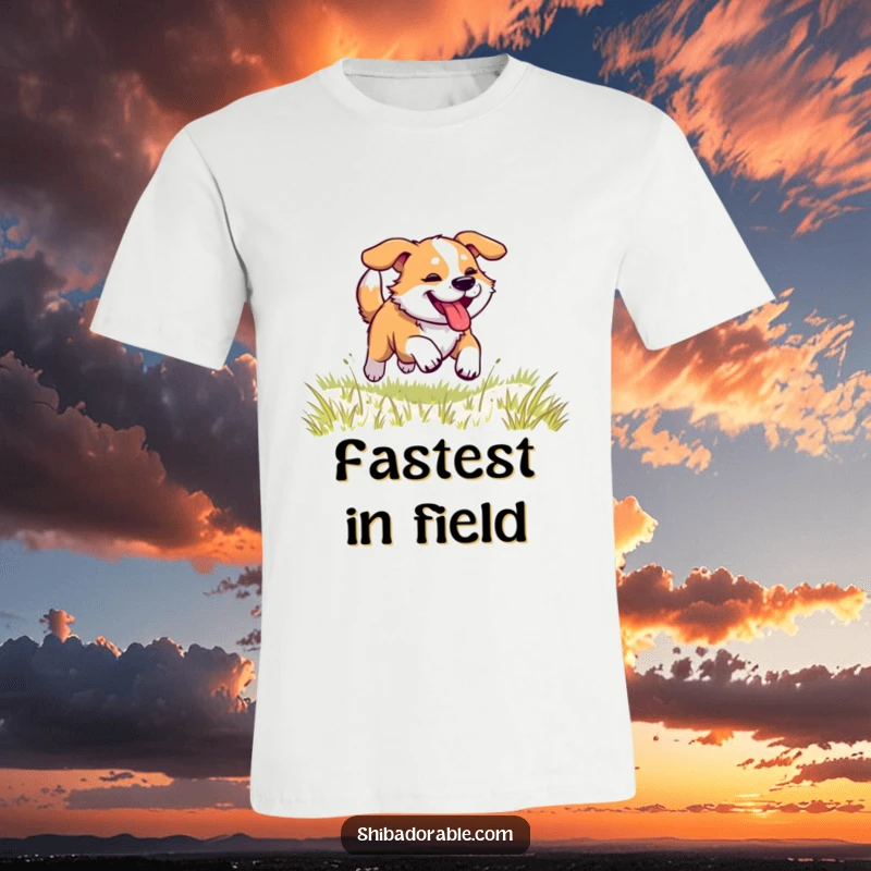 Funny dog t-shirt featuring a dog in full sprint, legs churning, tongue out, racing joyfully across a sun-drenched grassy field.