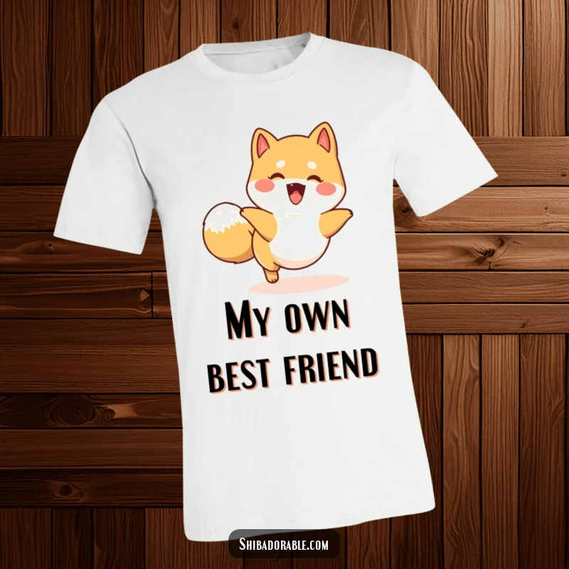 Funny happy Shiba Inu t-shirt with a dog playfully chasing its tail in a circle, capturing pure, energetic fun.