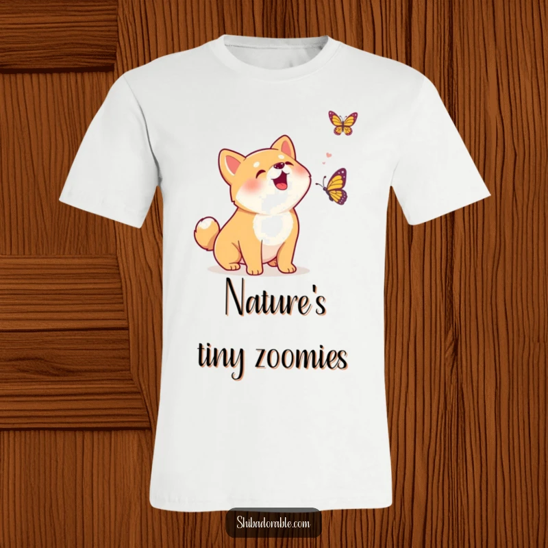 Funny Kawaii Shiba Inu puppy excitedly barking at a small butterfly, showcasing pure enthusiasm and playful curiosity in a vibrant design.