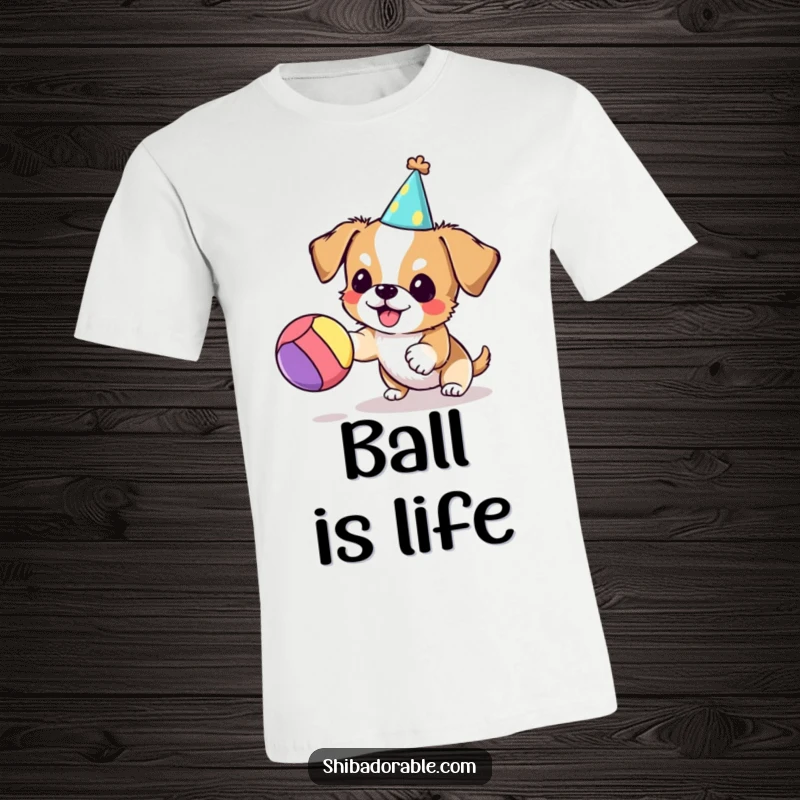 Funny dog t-shirt featuring a small dog wearing a party hat, playfully bouncing a vibrant ball, conveying immense joy and energy.