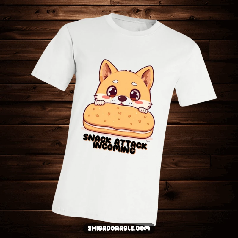 Funny Shiba Inu dog with wide surprised eyes peeking over a giant biscuit, a hilarious graphic tee.