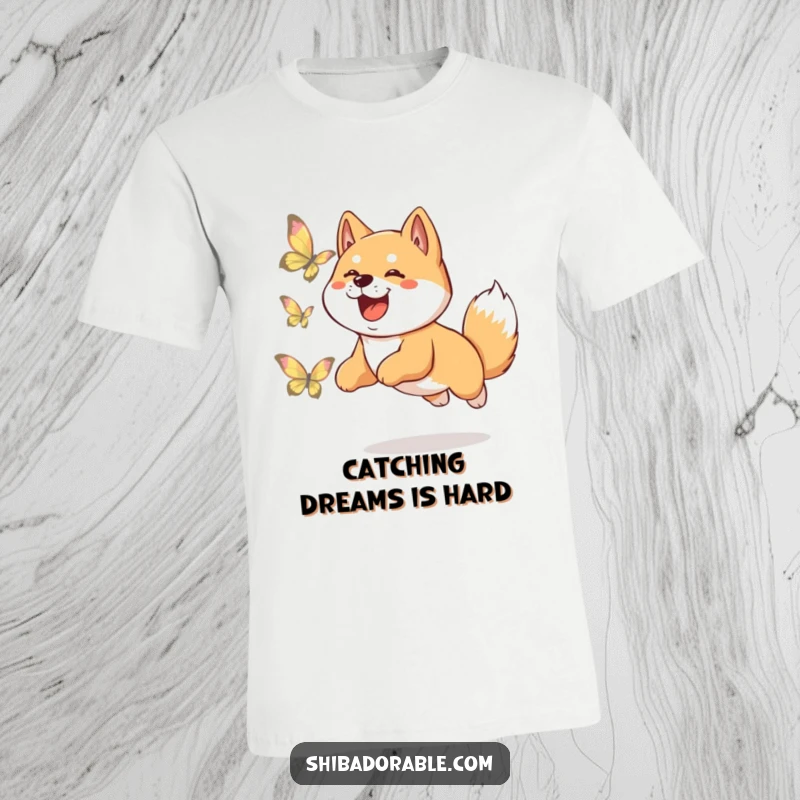 Funny Shiba Inu t-shirt featuring an excited dog leaping joyfully after a vibrant, shimmering butterfly in a whimsical scene.