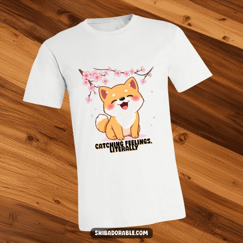 Funny Shiba Inu t-shirt depicting a dog comically trying to catch falling cherry blossoms, showcasing playful energy.