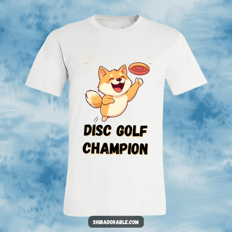 Funny t-shirt depicting a cheerful Shiba Inu leaping dynamically to catch a flying disc, showcasing an enormous, happy grin.