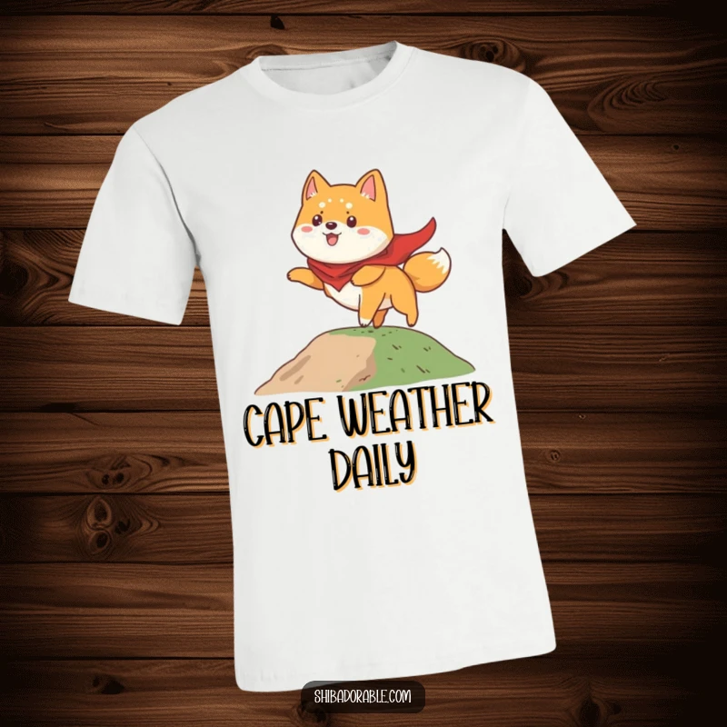 Funny Shiba Inu t-shirt featuring a dog in a cape, comically attempting to fly from a small grassy hill with determination.