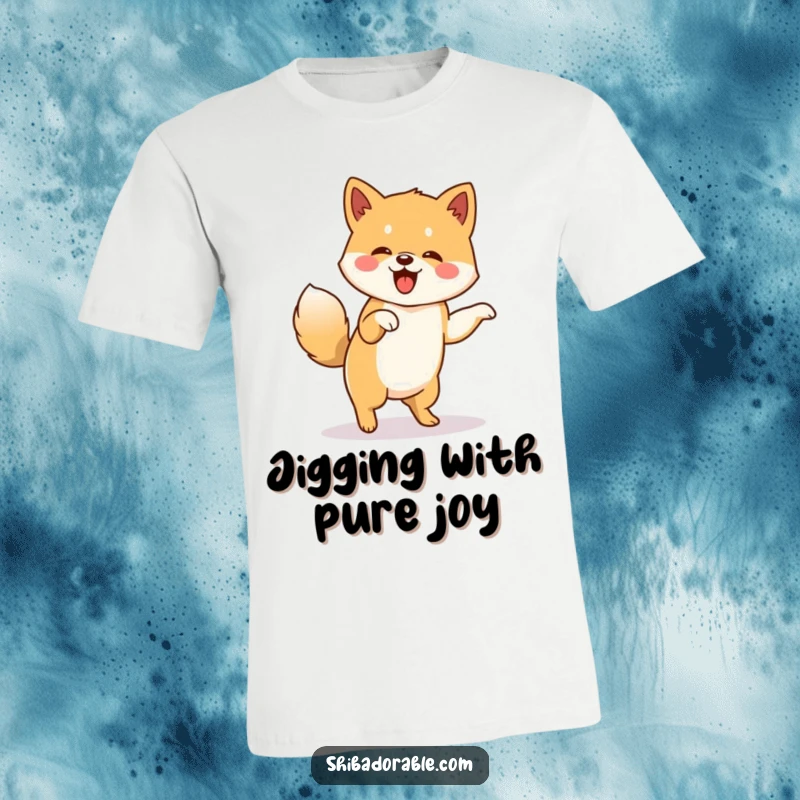 Funny t-shirt showcasing a Shiba Inu performing an energetic little jig, its tail wagging furiously with pure happiness.
