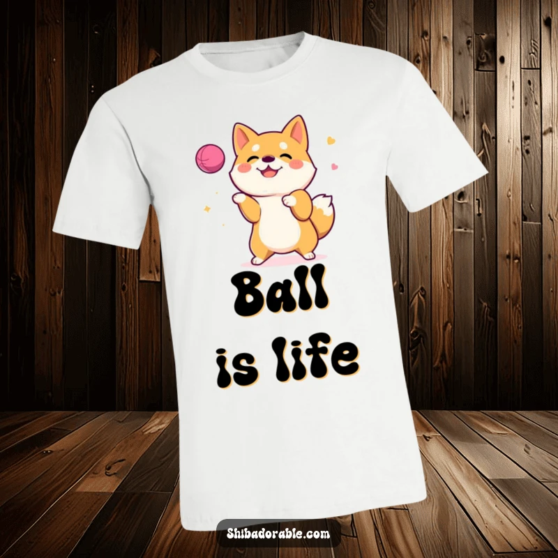 Funny T-Shirt with a happy Shiba Inu dog skillfully juggling a bouncy ball, designed for laughs.