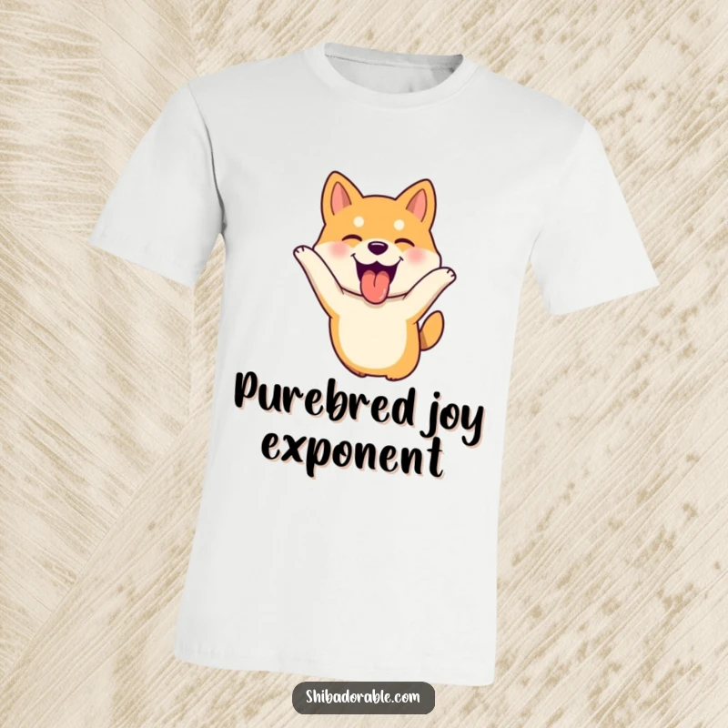 Funny Shiba Inu dog leaping with tongue out, ears flopping joyfully, a hilarious graphic tee for gift.