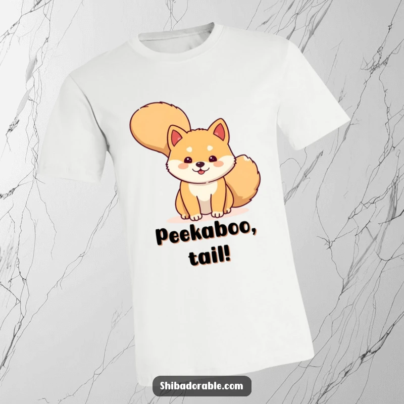 Funny T-Shirt with a shy Shiba Inu dog peeking from behind its large wagging tail, designed for laughs.