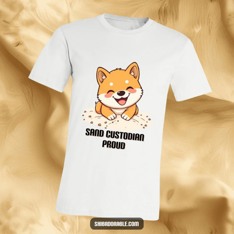 Funny Shiba Inu T-Shirt: Graphic of a joyful Shiba Inu with a big smile digging energetically in soft beach sand.