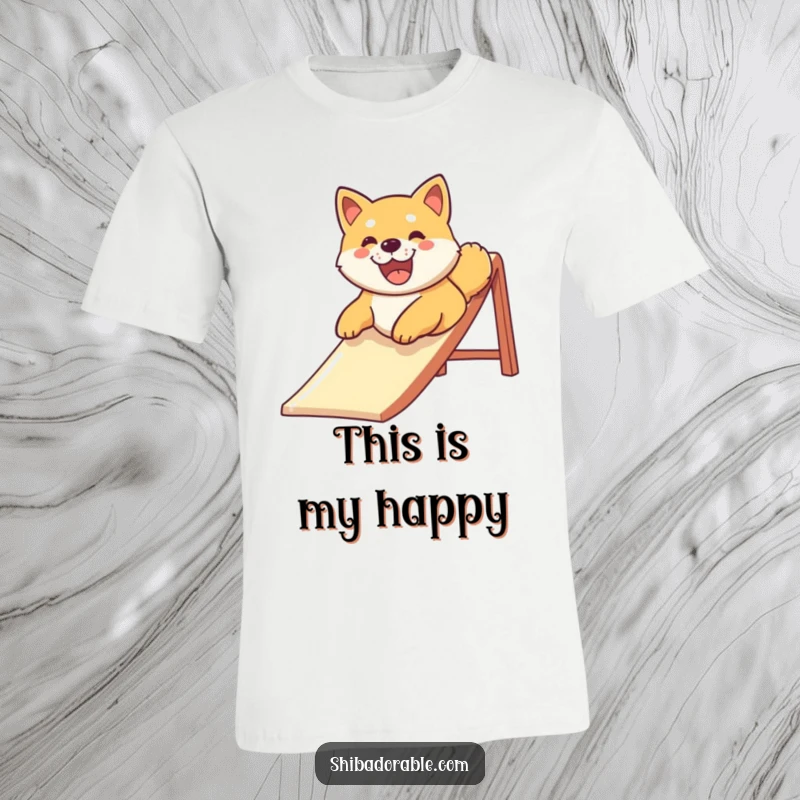 Funny Shiba Inu dog gleefully sliding down a slide with an infectious smile, showcased on a comfortable t-shirt.