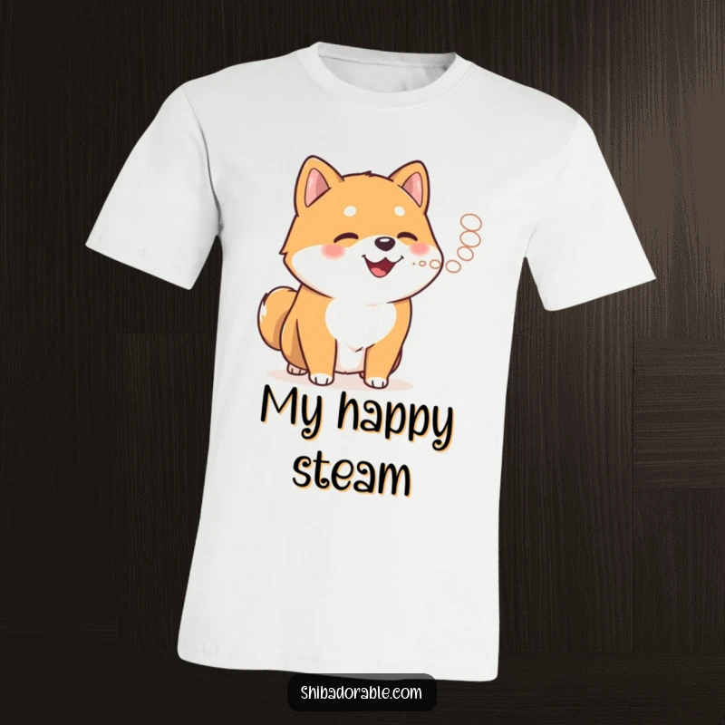 Funny Shiba Inu happily panting and exhaling steam on a t-shirt, capturing a moment of canine warmth.