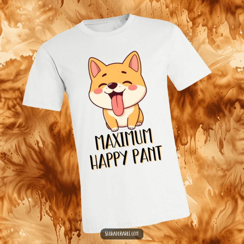 Funny Shiba Inu T-Shirt: A happy Shiba Inu pants with its tongue sticking out, a hilarious depiction of pure canine bliss.