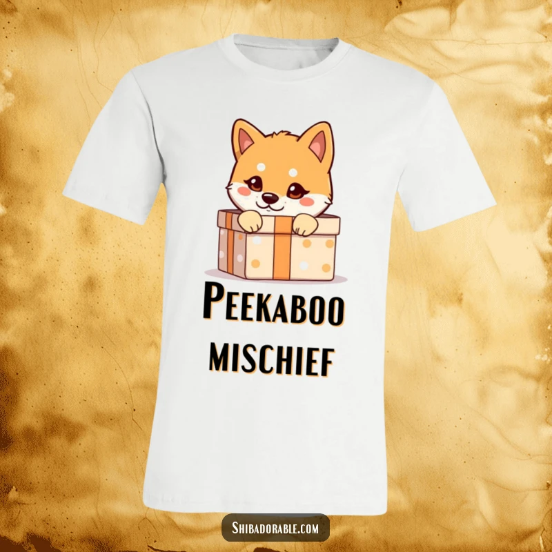 Funny Shiba Inu T-Shirt: A Shiba Inu with a mischievous glint peeks out from a gift box, a hilarious and cheeky design.