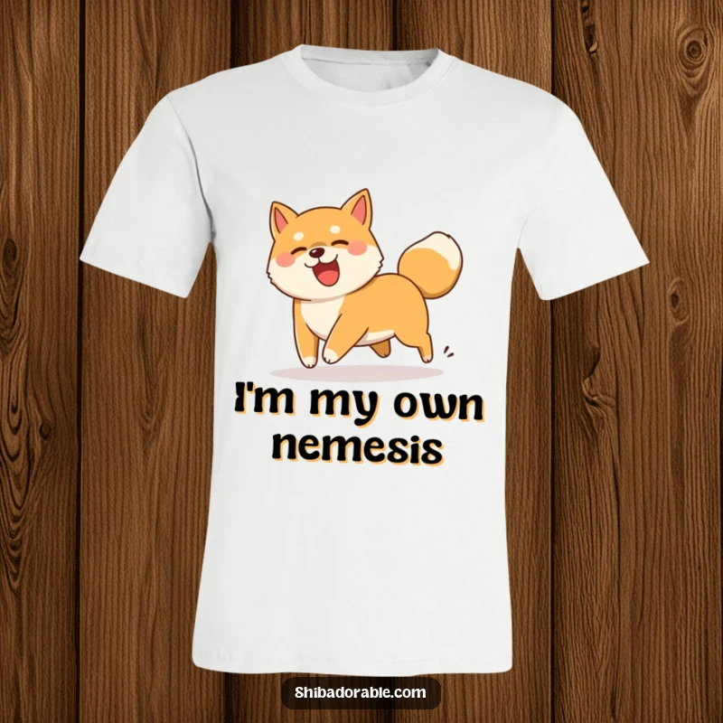 Funny Shiba Inu dog comically chasing its wagging tail in a playful spin, a hilarious graphic tee.