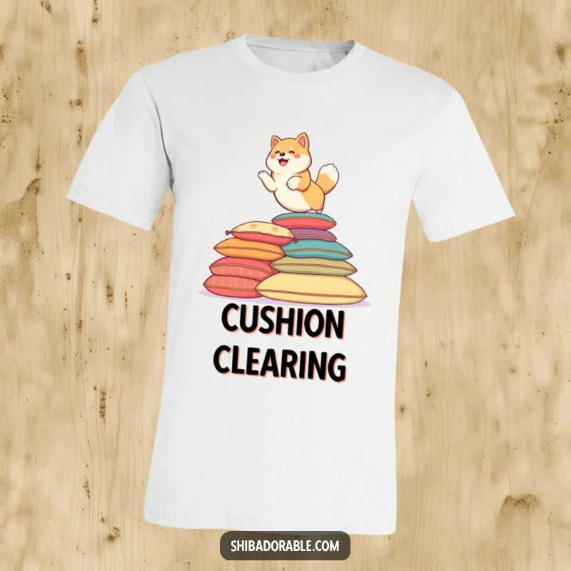 Funny Shiba Inu dog in a dynamic leap over colorful cushions. A vibrant t-shirt.
