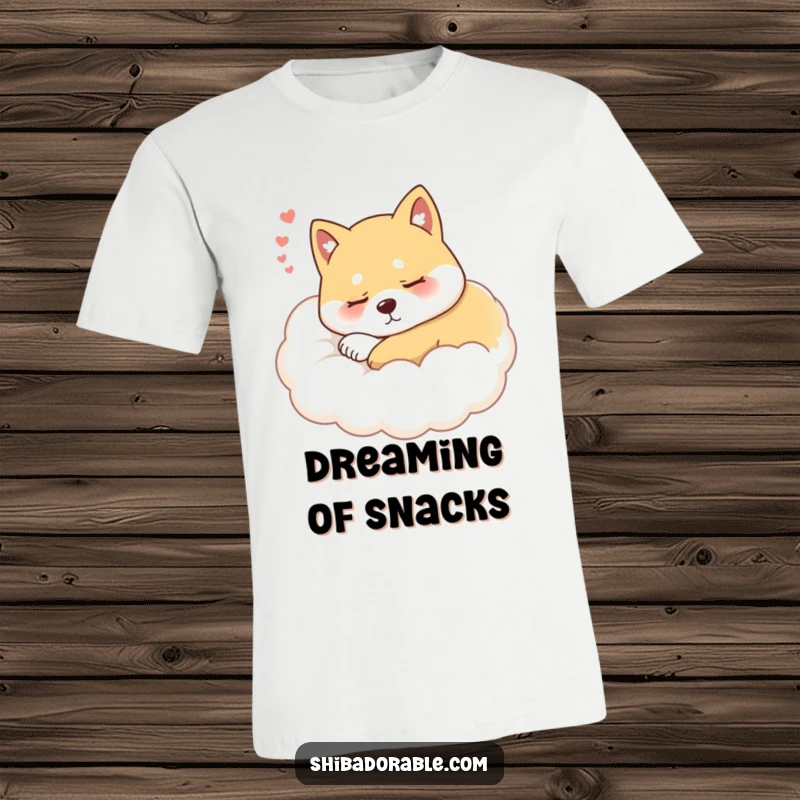 Funny Shiba Inu Cloud T-Shirt depicting a deeply sleeping Shiba Inu dog nestled cozily on a surreal, fluffy cloud.