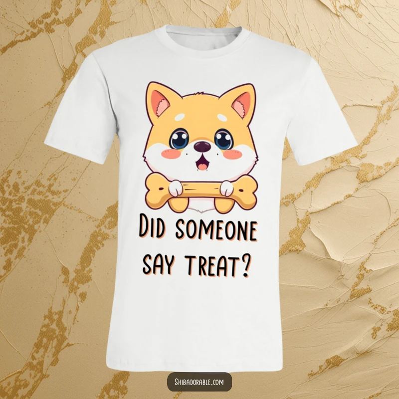 Funny surprised Shiba Inu t-shirt with a dog having wide, amazed eyes staring at a floating bone, capturing a comical moment.