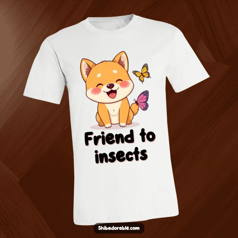 Funny Wagging Shiba Inu Butterfly T-Shirt featuring an ecstatic Shiba Inu dog joyfully interacting with a delicate, friendly butterfly.