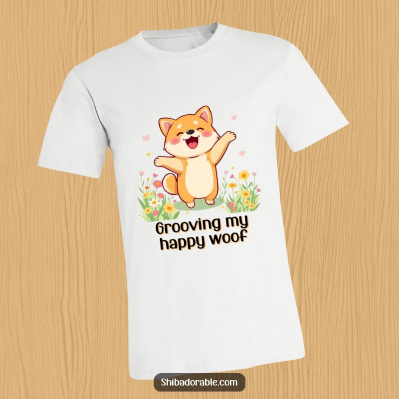 Funny Shiba Inu t-shirt depicting a dog doing a silly happy dance in a field of colorful flowers, full of energy.
