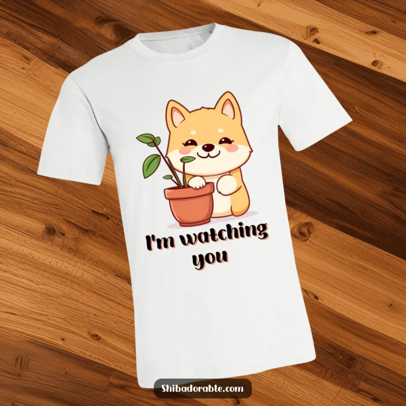 Funny Shiba Inu t-shirt featuring a dog with a mischievous grin, peeking out from behind a large potted plant, full of playful secrets.