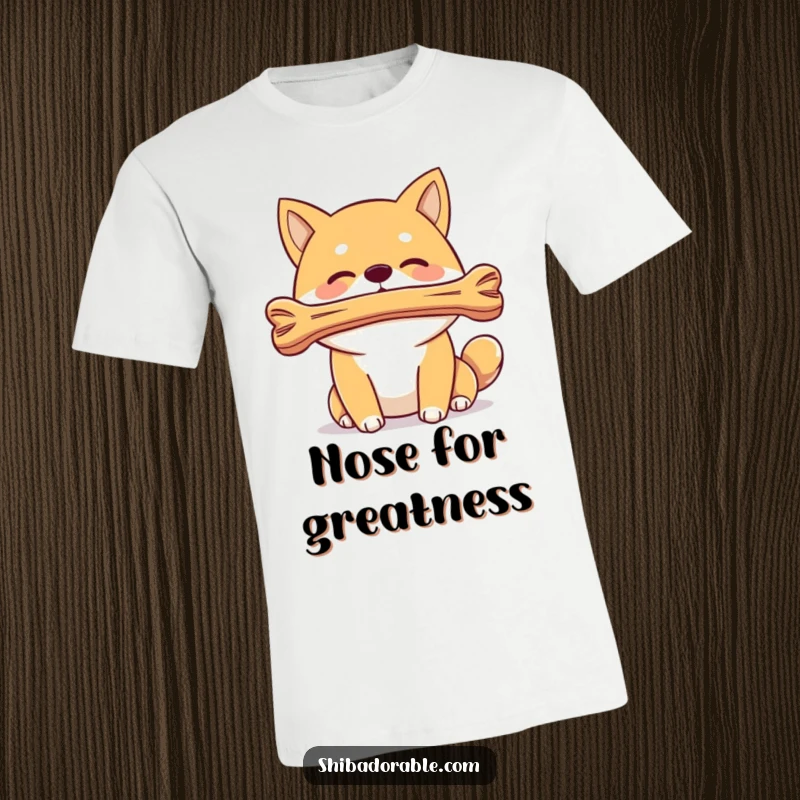 Funny t-shirt graphic of a Shiba Inu dog perfectly balancing a bone on its nose, celebrating canine talent and humor.