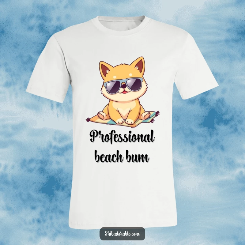Funny Kawaii Shiba Inu puppy chilling on a beach towel, sporting oversized sunglasses, radiating a cool and relaxed summer vibe.