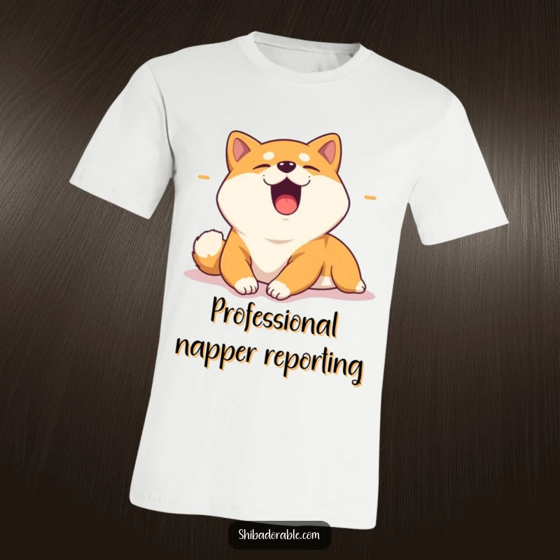 Funny t-shirt graphic of a yawning Shiba Inu stretching lazily and contentedly in a bright sunbeam, radiating peaceful vibes.