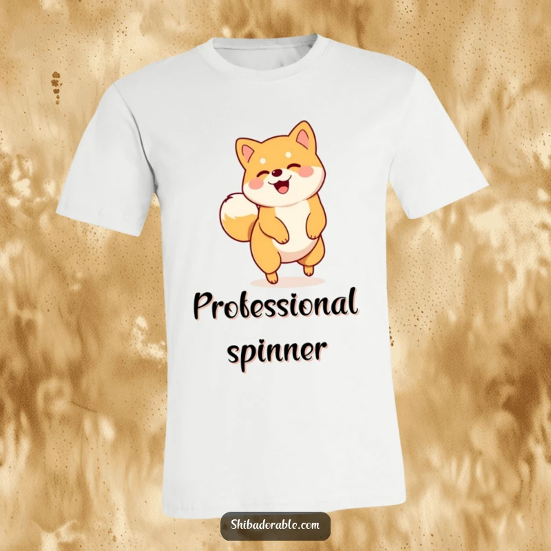 Funny t-shirt depicting an energetic Shiba Inu spinning in a circle with its tail wagging uncontrollably, embodying pure joy.