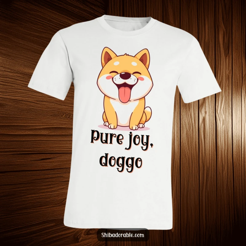 Funny Shiba Inu t-shirt featuring a happy dog panting with a big, goofy grin, symbolizing pure doggy delight.