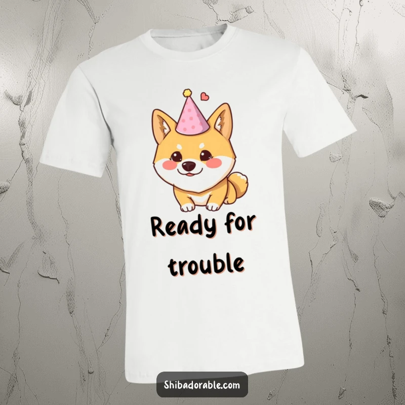 Funny Shiba Inu t-shirt featuring a dog wearing a tiny party hat and looking mischievous, ready for celebration.