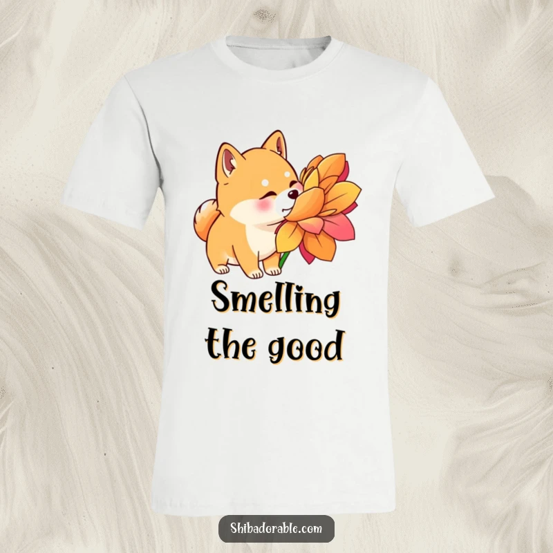 Funny Shiba Inu T-Shirt: A Shiba Inu with alert ears curiously sniffs a huge, colorful flower, showing gentle exploration.