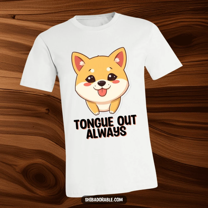 Funny T-Shirt with a Shiba Inu dog making a silly face and slightly sticking its tongue out, designed for laughs.