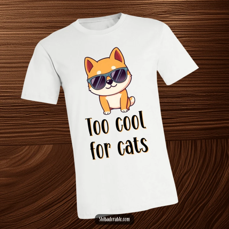 Funny Shiba Inu dog sporting oversized sunglasses, posing dramatically with undeniable cool. A trendy t-shirt.