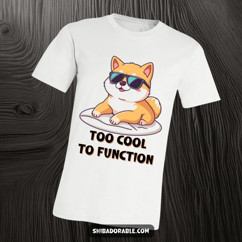 Funny Shiba Inu wearing sunglasses and lounging on a sunbeam on a t-shirt, embodying cool and relaxed vibes.