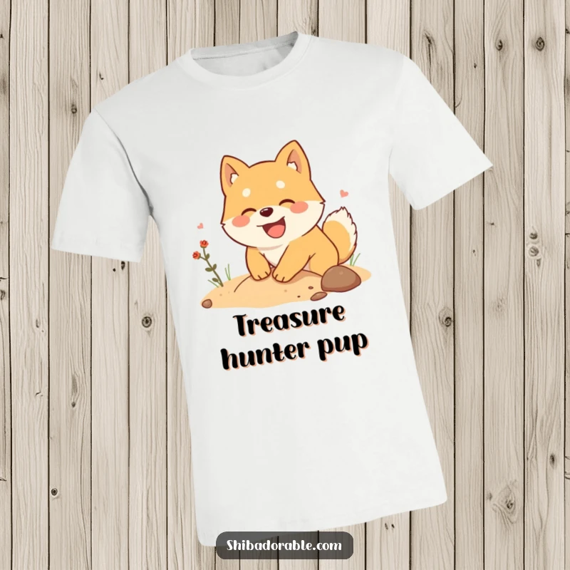 Funny Shiba Inu T-Shirt: A Shiba Inu joyfully digs with enthusiasm, hunting for imaginary treasure with a comical expression.