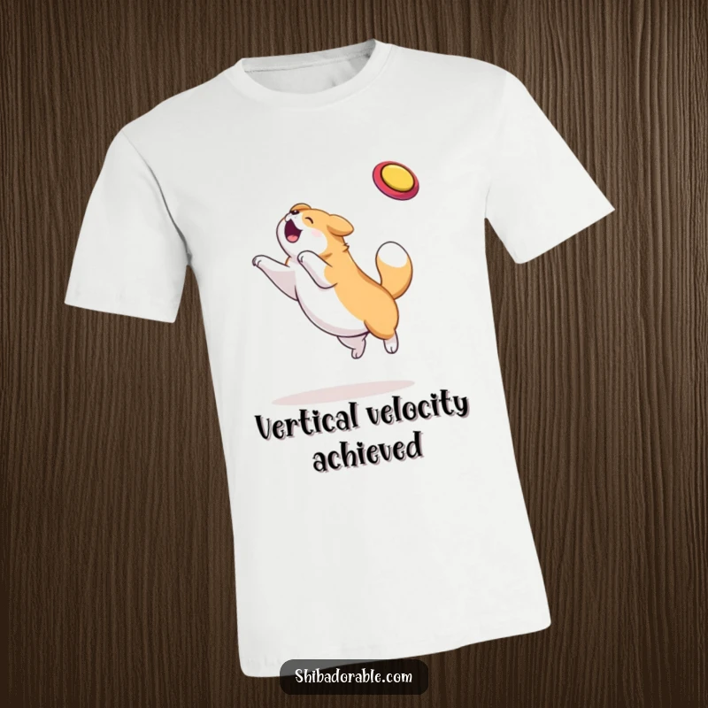 Funny dog t-shirt featuring a dynamic illustration of a joyous, plump dog leaping high to catch a frisbee with its mouth open.