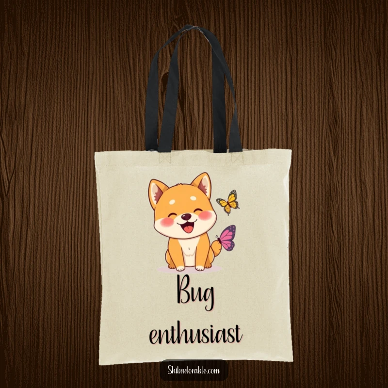 Funny Wagging Shiba Inu Butterfly Tote Bag showing a delighted Shiba Inu dog wagging its tail enthusiastically at a gentle butterfly.