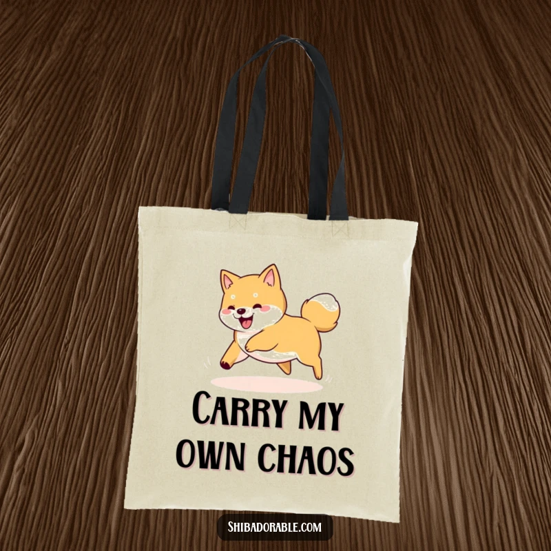 Funny Shiba Inu dog spinning in a circle, playfully chasing its tail, on a durable and stylish tote bag.