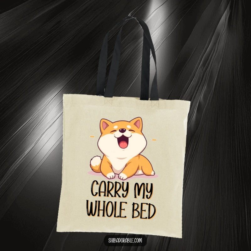 Funny tote bag illustration of a Shiba Inu stretching lazily in a sunbeam, capturing a moment of pure, unadulterated canine bliss.